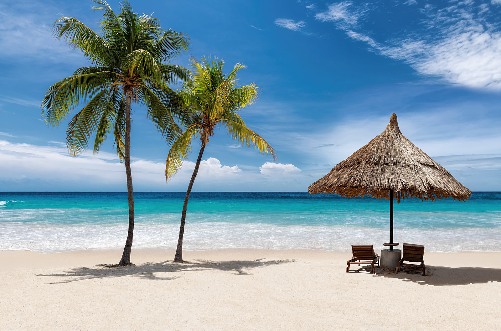Sonniger Strand mit Palmen, Meer und Sonnenschirm. Pauschalreiseurlaub mit AurumTours